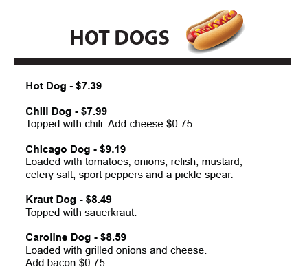 hot dogs menu