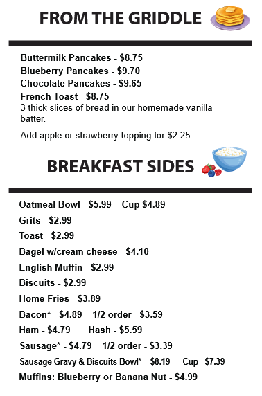 Menu from the griddle